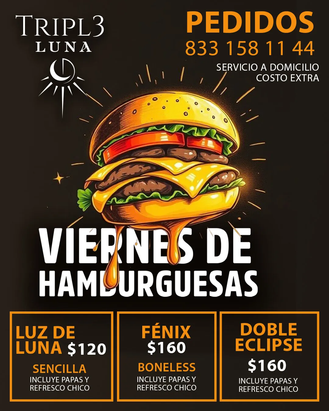 Flyer de hamburguesas para Tripl3 Luna